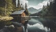 wood cabin on the lake log cabin surrounded by trees mountains and water in natural landscapes
