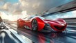 futuristic red sports car speeding on highway aerodynamic design and sleek curves automotive technology and performance concept 3d illustration