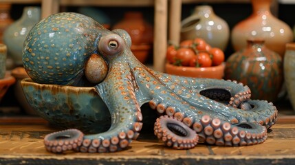 Canvas Print -   A tight shot of an octopus figurine on a table, surrounded by vases and bowls in the background