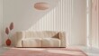 Peach lamp above beige couch and pink rug against plastic tubes in simple living room interior with copy space on white wall