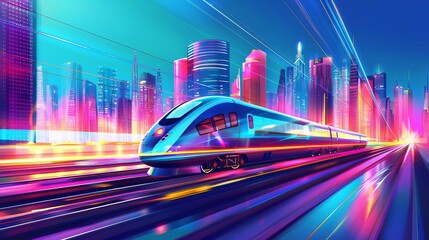 Wall Mural - futuristic vector illustration of a sleek highspeed train traversing a vibrant neonlit cityscape in a utopian ecofriendly world