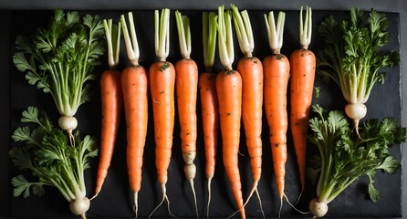 Wall Mural - Orange carrots with green leaves. Fresh vegetables background. Top view