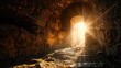 © buraratn - Resurrection of Jesus Christ. Religious Easter background, with strong light rays shining through the entrance into the empty stone tomb. Artistic strong vignette, contrast, dramatic dark-light edit