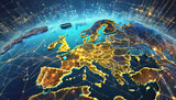 Fototapeta Zwierzęta - Digital map of Western Europe, concept of European Union network and connectivity, data transfer and cyber technology, business and information exchange and telecommunication