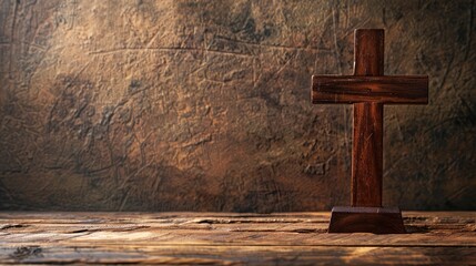Wall Mural - Religious crucifix cross upright on wooden table background with copy space