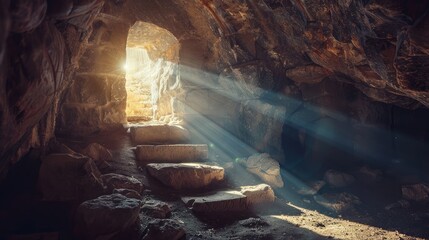 Wall Mural - Resurrection of Jesus Christ. Religious Easter background, with strong light rays shining through the entrance into the empty stone tomb. Artistic strong vignette, contrast, dramatic dark-light edit