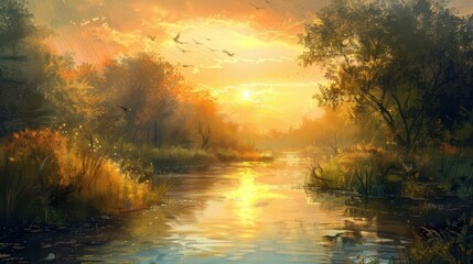 Wall Mural - golden sunrise illuminating idyllic river landscape digital painting