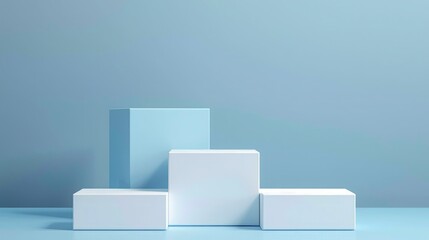 Square podiums are white. Abstract background. A stage for the demonstration of cosmetics. Podium for the award, consisting of three 3 square figures of different sizes on a blue background. Showcase