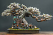 Cyberpunk bonsai cybertree intertwined with semiconductors, servomechanisms, and futuristic elements in a pot
