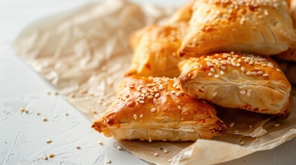 Wall Mural - Traditional Israeli pastry Bourekas with cheese on white background with copy space.