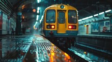 A Train Is Coming Down The Tracks In The Rain At Night Time