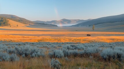 Sticker -   A large open field with a rainbow arching over it and mountains in the background