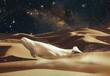 vintage colored photograph of an albino beluga whale floating in the desert at night, among sand dunes with stars in the sky, illustration made with Generative Ai