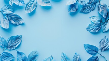 Cerulean blue leaves encircling a light blue copy space. Modern botanical illustration suitable for environmental themes and minimalist designs.