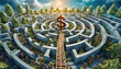 Money maze business challenge labyrinth finance success concept on investment puzzle solution game 3d background wealth financial strategy way goal path dollar currency growth marketing opportunity.