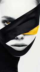 Wall Mural - A woman's face is obscured by a black bandana. The woman's eyes are open and staring at the camera. The black and yellow bandana creates a striking contrast and adds a sense of mystery to the image