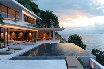 Wall Mural - Luxury modern house with infinity pool and outdoor living area by the sea