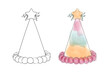 A drawing featuring a colorful party hat with a star on the tip, showcasing vibrant colors and festive design