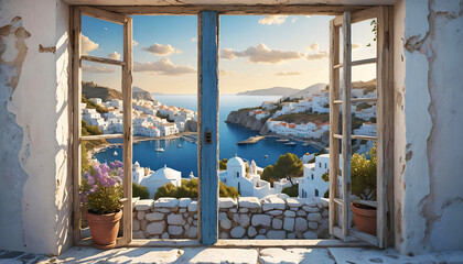 wallpaper background window with sunset view with warm sunrays on the mediterranean sea with coast, 