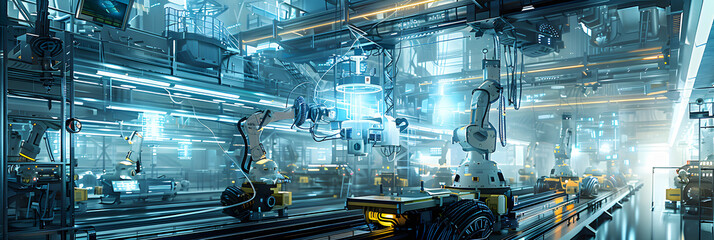 Poster - High-tech industrial factory, modern machinery, robotic automation, mechanical assembly, automotive manufacturing equipment in futuristic setting.