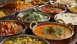 Diverse Cuisine Buffet: A tempting buffet spread showcasing the diverse cuisine of India, with dishes from different regions such as North Indian, South Indian, Mughlai, and coastal delicacies