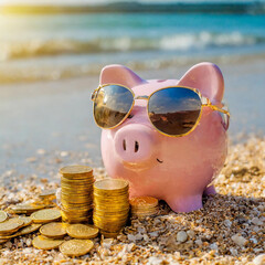 Wall Mural - Pink piggy bank with sunglasses relaxing on a beach in summer next to gold coins, vacation budget, holiday savings, investment success, banking wealth, income and profit in finance