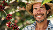 Farmer or picker working on his coffee farm. Young man with hat smiling, red berries growing on bushes near. Generative AI
