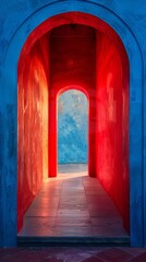 Poster - A red and blue archway leading to a room with light, AI