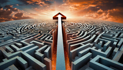 Success strategy arrow through maze way puzzle path on 3d solution labyrinth business background with direction decision goal thinking challenge entrance find achievement exit solving target concept.
