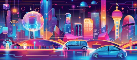 Poster - Cityscape illuminated at night featuring advanced vehicles and futuristic architecture