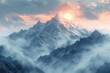 sunset over snowy mountain peaks amidst clouds