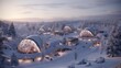 AI-generated architects designing a sustainable winter village for refugees, incorporating innovative shelters, community spaces, and renewable energy sources to provide warmth and safety in harsh win