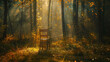A solitary wooden chair stands amidst a serene and beautifully lit forest