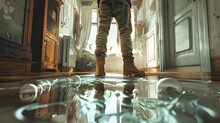 Man wearing rubber boots stands in a flooded house