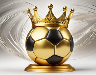 Gold soccer ball or football isolated on white 3d illustration background with sport winner world championship tournament and golden king crown competition trophy champion cup of victory honor