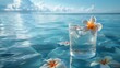 Tranquil glass of water adorned with frangipani flower on a peaceful ocean background, soft tones, fine details, high resolution, high detail, 32K Ultra HD, copyspace