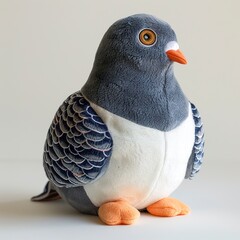 Wall Mural - A cute pigeon plush toy on a white background emanating an aura of sweetness and innocence. Soft plush gray pigeon with a friendly expression.