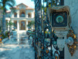Caméra de sécurité, dispositif de surveillance avec alarme placé devant le portail d'une villa luxueuse, image 3D