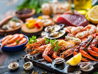 Seafood, Fresh seafood spread on a rustic, coastal market table