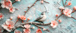 Cherry blossom and bird on blue background. Spring time concept.