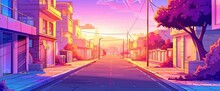 Cartoon City Street, Buildings On The Right And Left Sides Of The Road, Trees Along The Sidewalk, Sunset Sky, Colorful, In The Style Of Cartoon, Anime Background Images