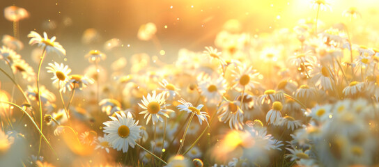 Wall Mural - White daisies on the meadow in the rays of the sun
