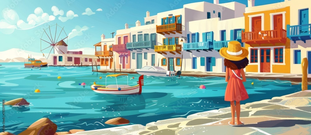 The woman wearing a hat is standing on a wooden pier gazing at the calm water below