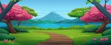 Fototapeta Londyn - Wooden walkway leading to a lake, green grass and pink cherry blossom trees on both sides of the road, blue water surface in the distance with a mountain peak behind it, in the style of a cartoon