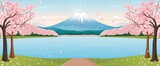 Fototapeta Londyn - Wooden walkway leading to a lake, green grass and pink cherry blossom trees on both sides of the road, blue water surface in the distance with a mountain peak behind it , Anime Background Images