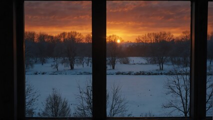 Wall Mural - winter sunset landscape nature view from a window background from Generative AI