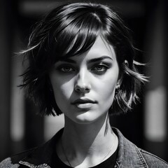 Wall Mural - a beautiful black and white portrait of a woman with short hair
