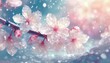 Beautiful cherry blossom petals shine magically in the ice, with a pleasant breeze blowing in the background.