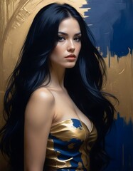 Wall Mural - Portrait of a beautiful brunette in a gold painted background..