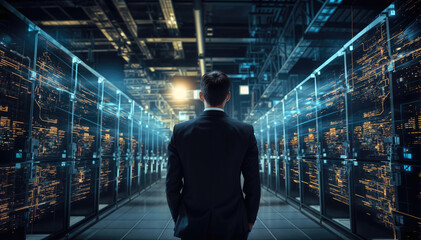 Back view of young businessman standing in server room and looking at data